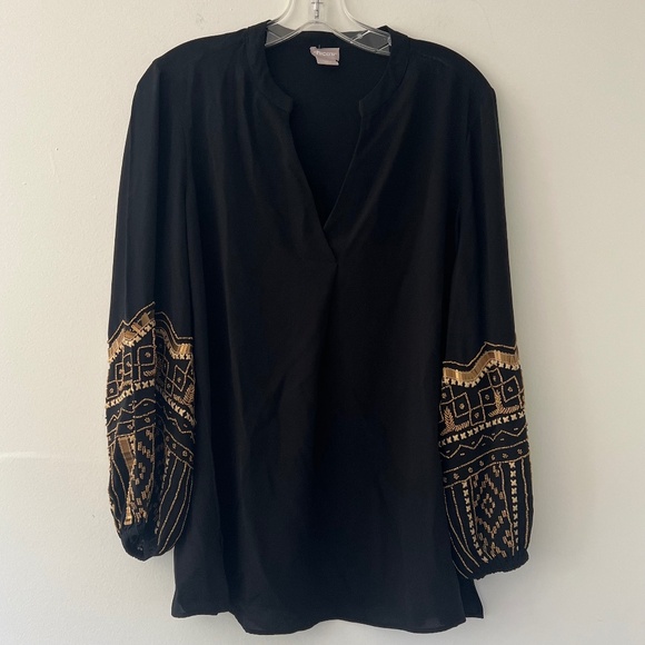 Chico's Black Chiffon V neck tunic Gold bead blouson sleeves Holiday Party Sz. 1 - Picture 1 of 7